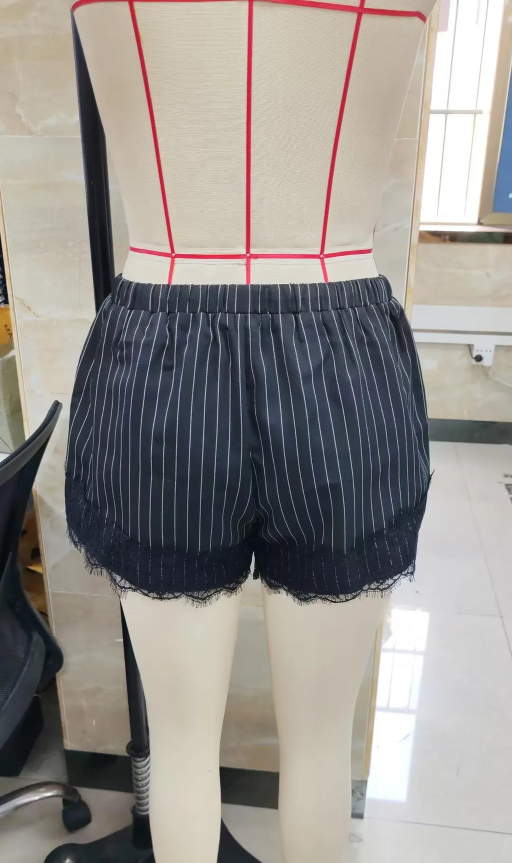 VacationGrabs Women's Pinstripe Lace Trim Shorts Elastic Waist Drawstring Contrast Color Fringe Hem Casual Lounge Streetwear Shorts
