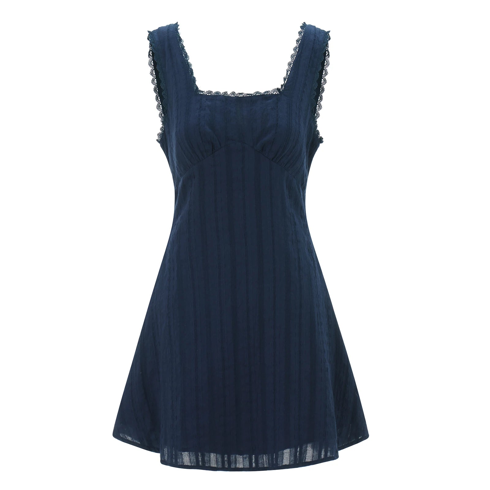 Fashion Womens Summer Tank Mini Dress Cute Sleeveless Square Neck Lace Trim Beach Holiday Slim Fit A-Line Short Dress