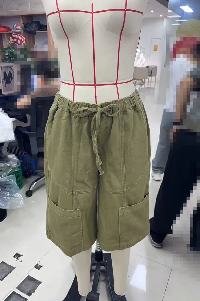 VacationGrabs Cargo Bermuda Shorts Women Drawstring Elastic Waist Multi Pocket Loose Wide Leg Jort Y2K Street Casual Capri Bottoms