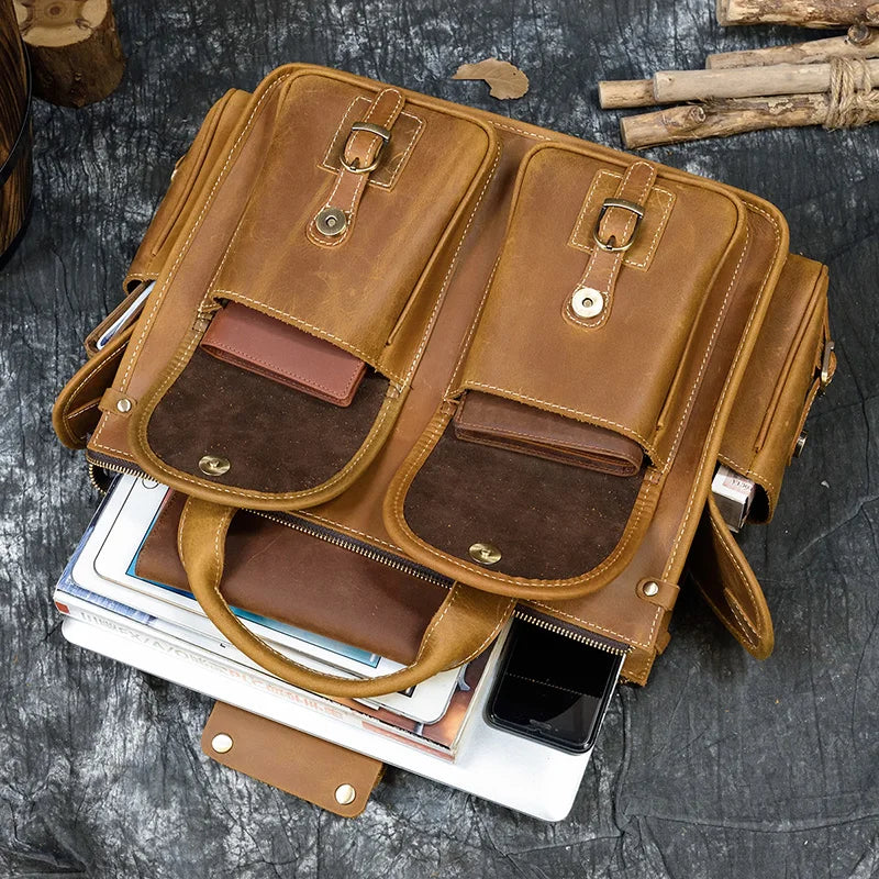 Top Grade Quality Laptop Briefcase Crazy Horse Genuine Leather Laptop Bags Notebook PC Shoulder Bag For Business Man Vintage