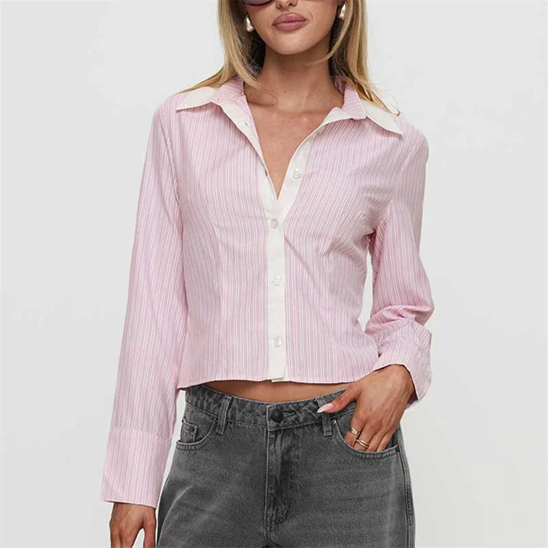 VacationGrabs Fashion Women Striped Shirt Long Sleeve Shirt Button-down Elegant Ladies Blouse Fall Spring Work Out Tops Casual Daily