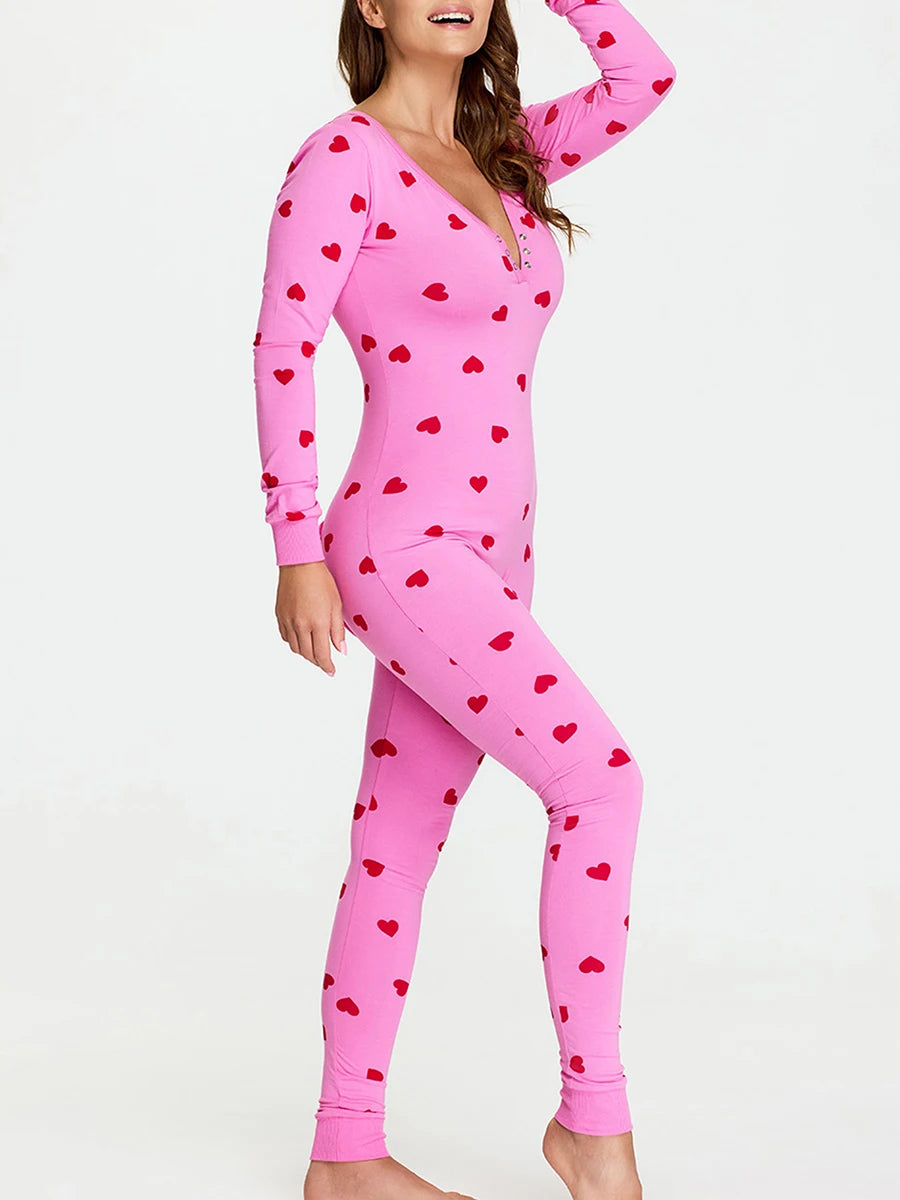 VacationGrabs Women Bodycon Jumpsuits Heart Print V-Neck Long Sleeve Rompers Fall Winter Casual Playsuits Valentine's Day Clothes