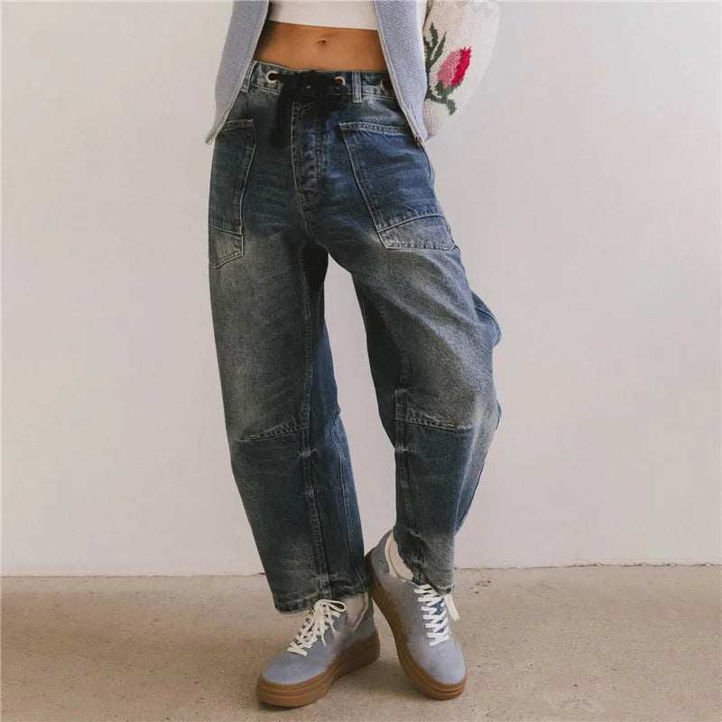VacationGrabs Vintage Cargo Jeans Women Drawstring Waist Loose Barrel Leg Denim Pants Casual Streetwear Y2K Grunge Summer Trousers