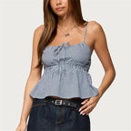VacationGrabs Summer Gingham Cami Top for Women Sexy Tie Front Ruffle Hem Sleeveless Peplum Blouse Casual Spaghetti Strap Top