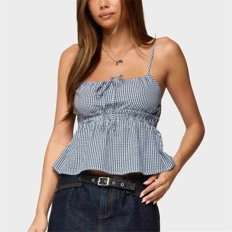 VacationGrabs Summer Gingham Cami Top for Women Sexy Tie Front Ruffle Hem Sleeveless Peplum Blouse Casual Spaghetti Strap Top