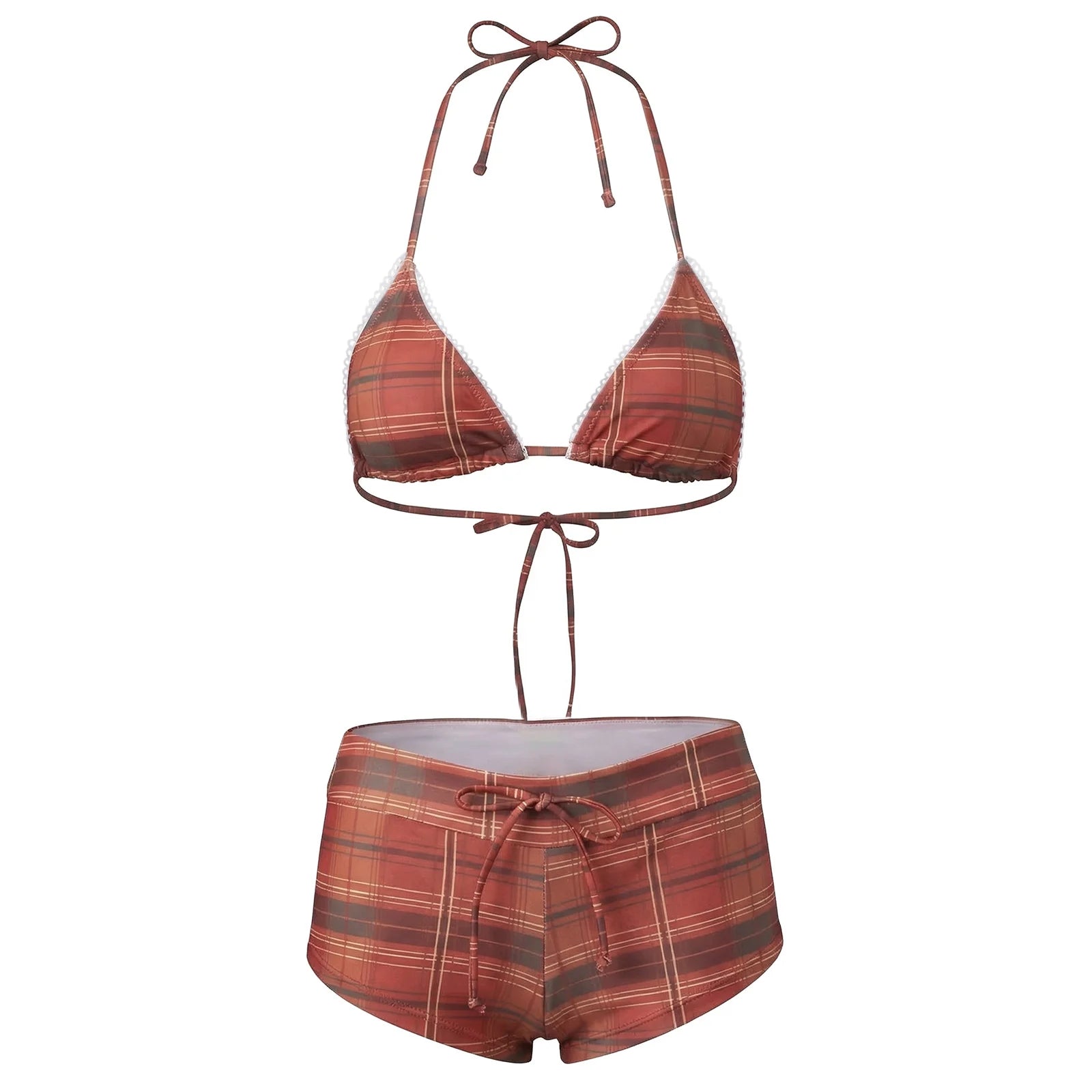 VacationGrabs Women's 2 Piece Bikini Set Fashion Plaid Print Sleeveless Halter Neck Triangle Tops and Low Waist Boyshorts Bathing Suit