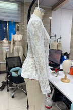 VacationGrabs Vintage Sheer Floral Lace Shirt Women Stand Collar Chinese Knot Buttons Puff Sleeve Peplum Slim Fit Casual Street Blouse