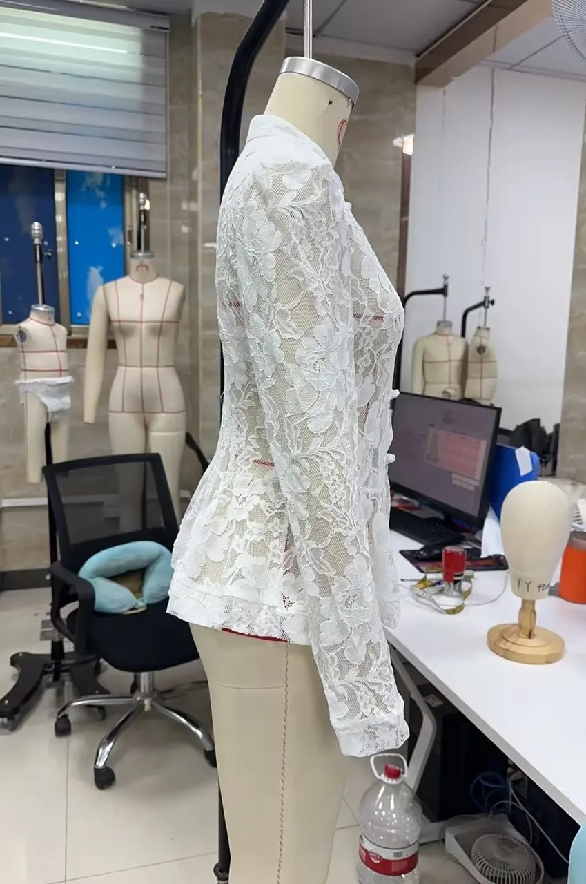 VacationGrabs Vintage Sheer Floral Lace Shirt Women Stand Collar Chinese Knot Buttons Puff Sleeve Peplum Slim Fit Casual Street Blouse