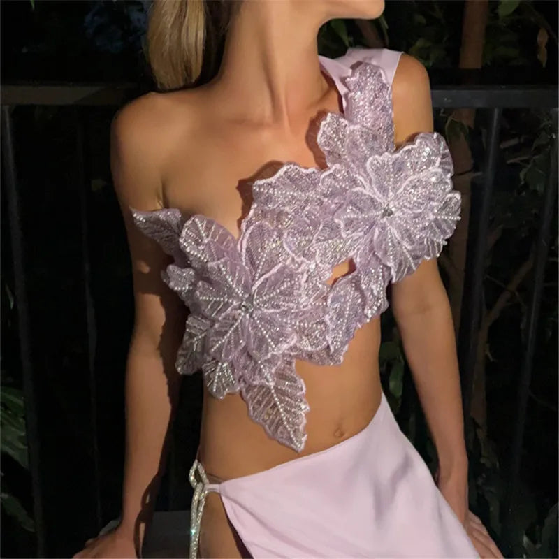 VacationGrabs Women Sexy Beach Vacation y2k Chic Skew Collar Tank Tops Sequin Flowers Lace Up Crop Tops Summer Lady Vacation Camisole