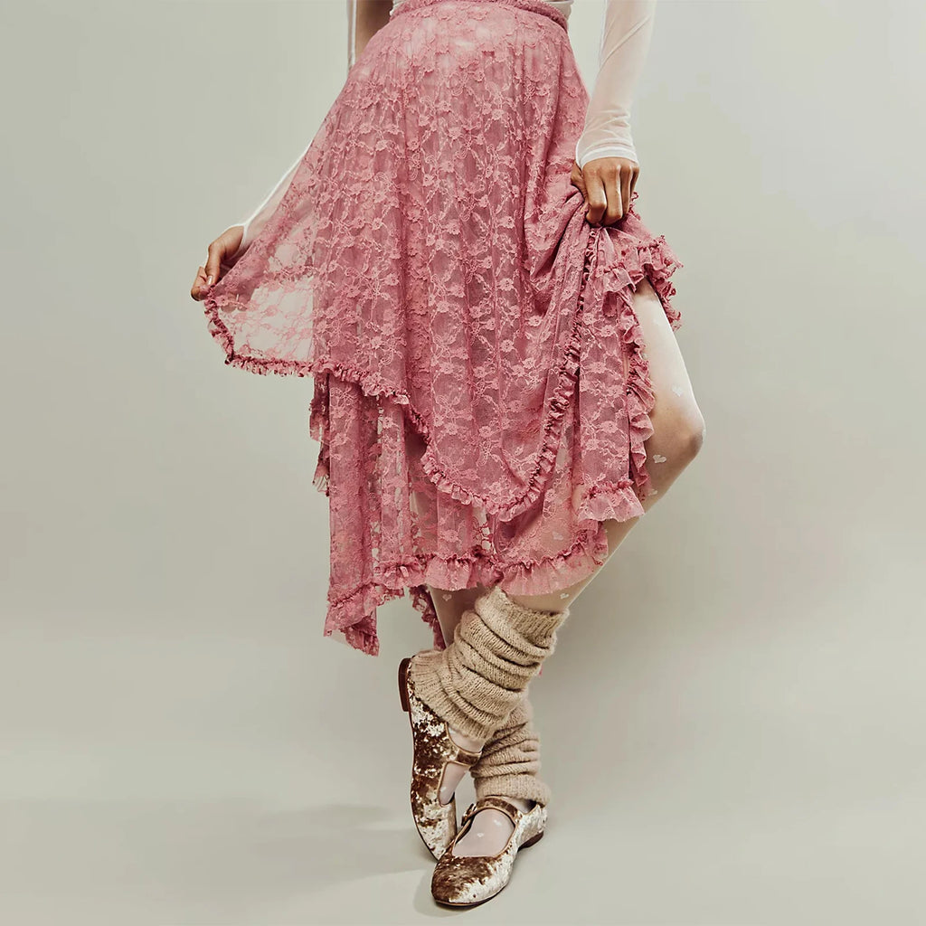 VacationGrabs Floral Lace Long Skirt for Women Y2K Elastic Waist Asymmetrical Layered Maxi Skirt Sexy See Through Flowy Beach Skirt