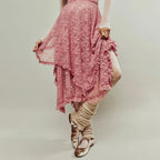 VacationGrabs Floral Lace Long Skirt for Women Y2K Elastic Waist Asymmetrical Layered Maxi Skirt Sexy See Through Flowy Beach Skirt