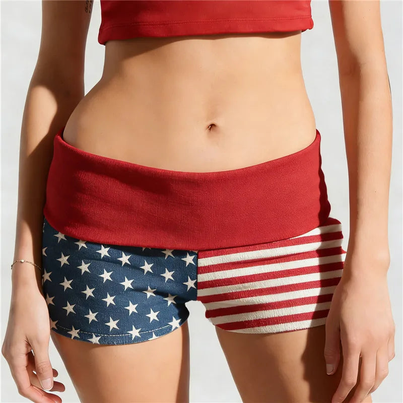 VacationGrabs Womens Patriotic Shorts Casual Foldover Waist Stars and Stripes Print Slim Fit Shorts Streetwear Shorts Independence Day