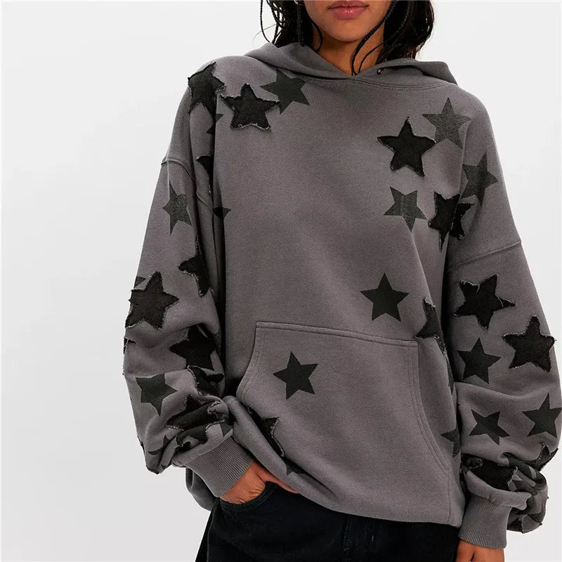 VacationGrabs American Casual Oversized Star Patch Hoodie Women Vintage Loose Drop Shoulder Kangaroo Pocket Everyday Street Sweatshirt