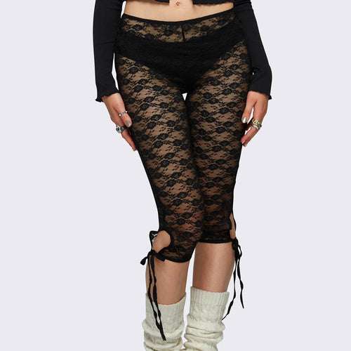 hirigin Lace Capri Leggings for Women Y2k Mesh See Through Pants Fairycore Floral Lace Tights Pants for Daily Streetwear