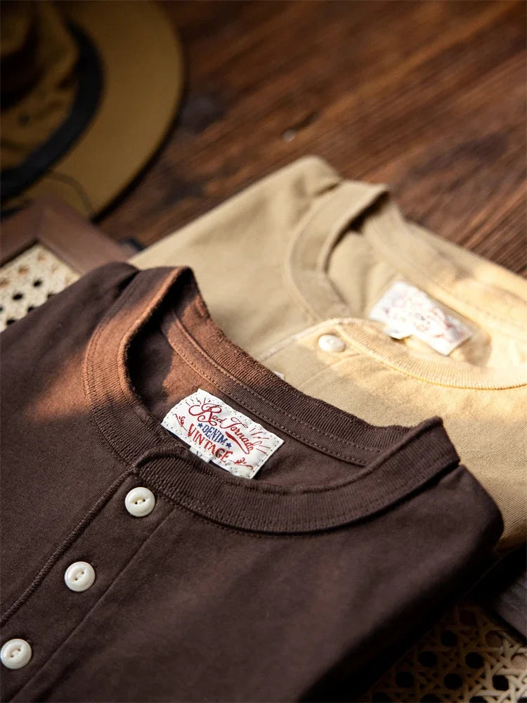Red Tornado Short Sleeve Henley T-Shirt Heavyweight Cotton Every Day Tee Amekaji