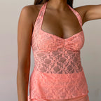VacationGrabs Sexy Halter Lace See Through Crop Top for Women Summer Backless Party Club Vest Tank Top Y2K Fashion Basic T-Shirt