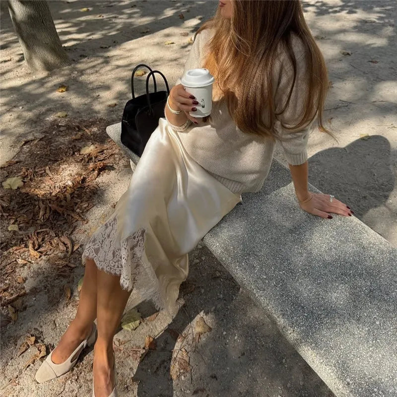 VacationGrabs Women Satin Floral Lace Trim Maxi Skirts Flowy Swing Silky A Line Skirt Y2k Going Out Half Slip Long Skirts