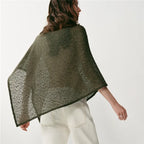 VacationGrabs Women Hollow Out Knit Poncho Cape Boat Neck Loose Irregular Hem Sheer Mesh Knitted Shawl Wrap Metallic Thread Cover Up