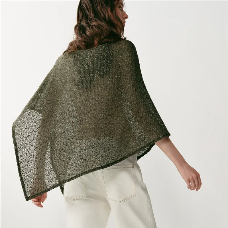 VacationGrabs Women Hollow Out Knit Poncho Cape Boat Neck Loose Irregular Hem Sheer Mesh Knitted Shawl Wrap Metallic Thread Cover Up