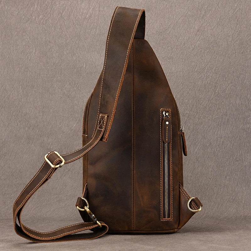 Crazy Horse Leather Men’s Chest Bag Top Layer Cowhide Sling - VacationGrabs