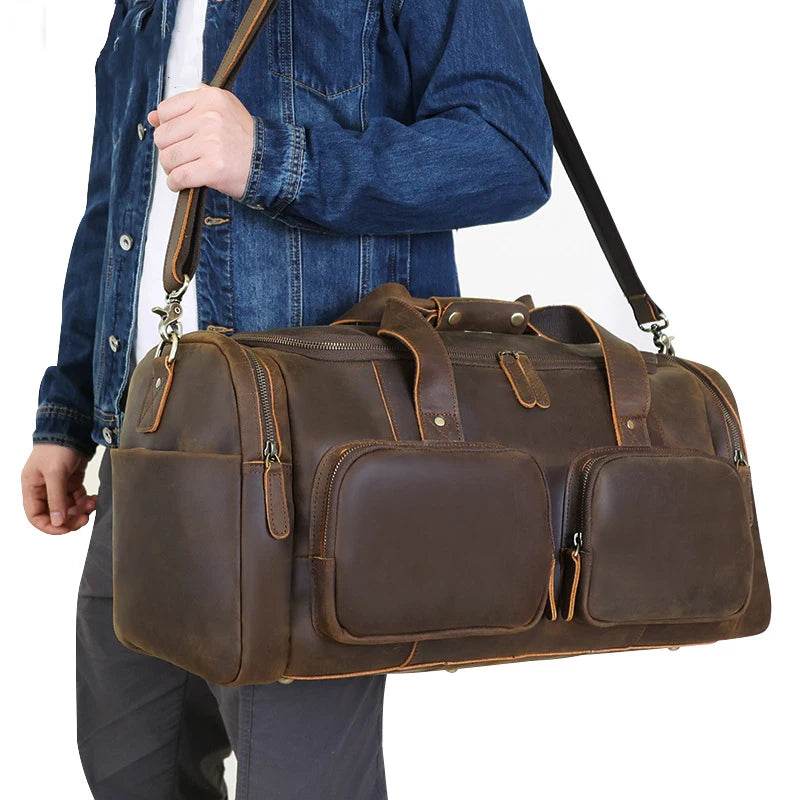 Super Large 62cm Men's Leather Duffel Travel Bag – Vintage Style - VacationGrabs