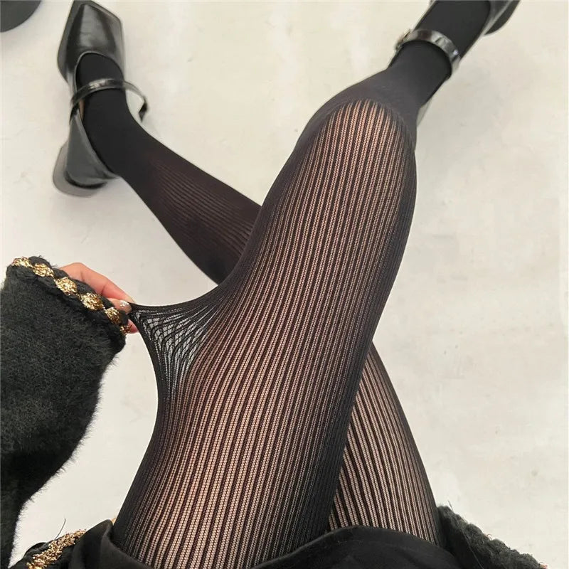 Women Vertical Striped Sheer Tights Micro Ribbed See Through Pantyhose High Waist Elastic Slim Hosiery Casual Daily Stockings