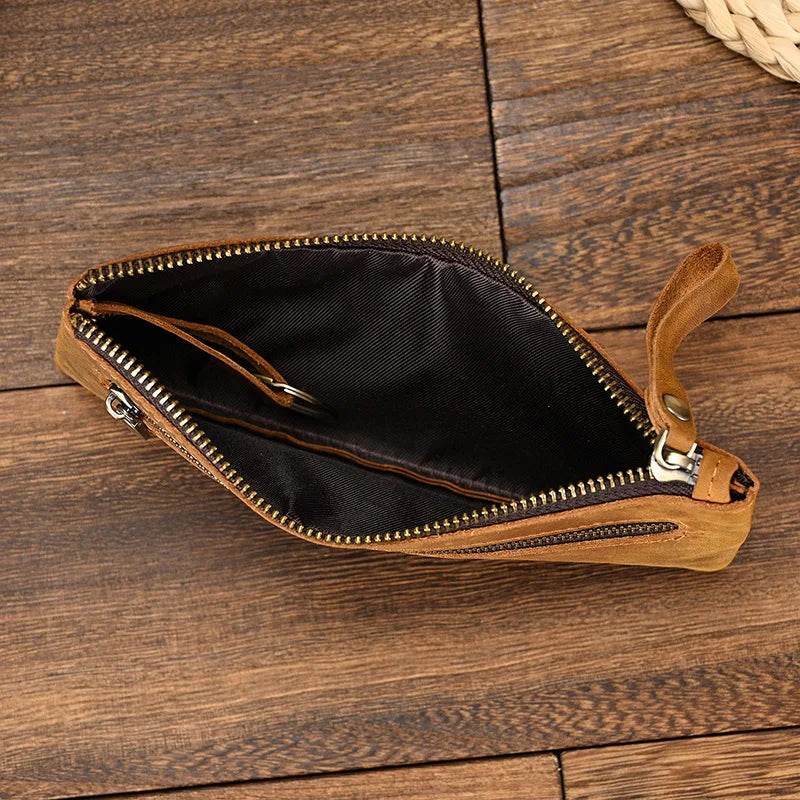 Crazy Horse Leather Zipper Wallet with Key Chain for Coins & Cards - VacationGrabs