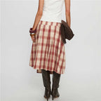 VacationGrabs Women Y2k Lace Up Ruffle Hem A Line Skirt Low Rise Plaid Midi Skirt Vintage Tie Up Gingham Tiered Skirt Streetwear