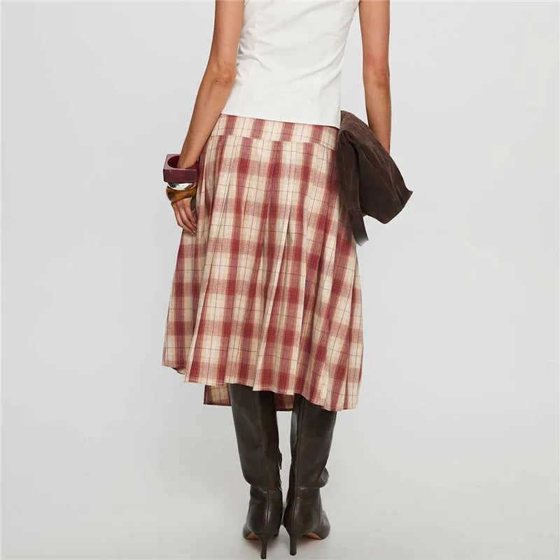VacationGrabs Women Y2k Lace Up Ruffle Hem A Line Skirt Low Rise Plaid Midi Skirt Vintage Tie Up Gingham Tiered Skirt Streetwear