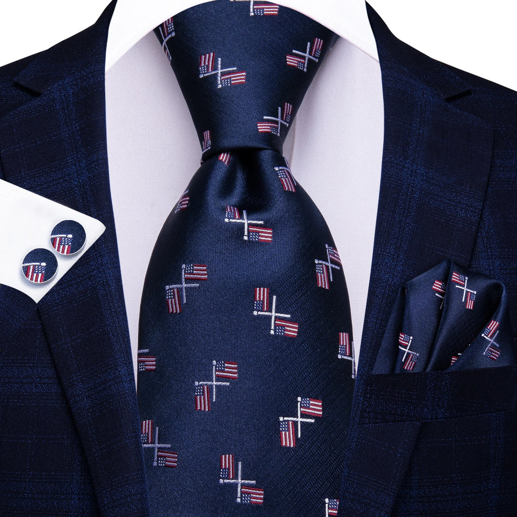 Navy blue tie with flag pattern, perfect for learning how to tie mens tie
