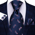 Navy blue tie with flag pattern, perfect for learning how to tie mens tie