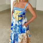 Women Boho Floral Maxi Dress Y2k Sleeveless Long Dress Print Spaghetti Strap A Line Dress Vacation Beach Sundress