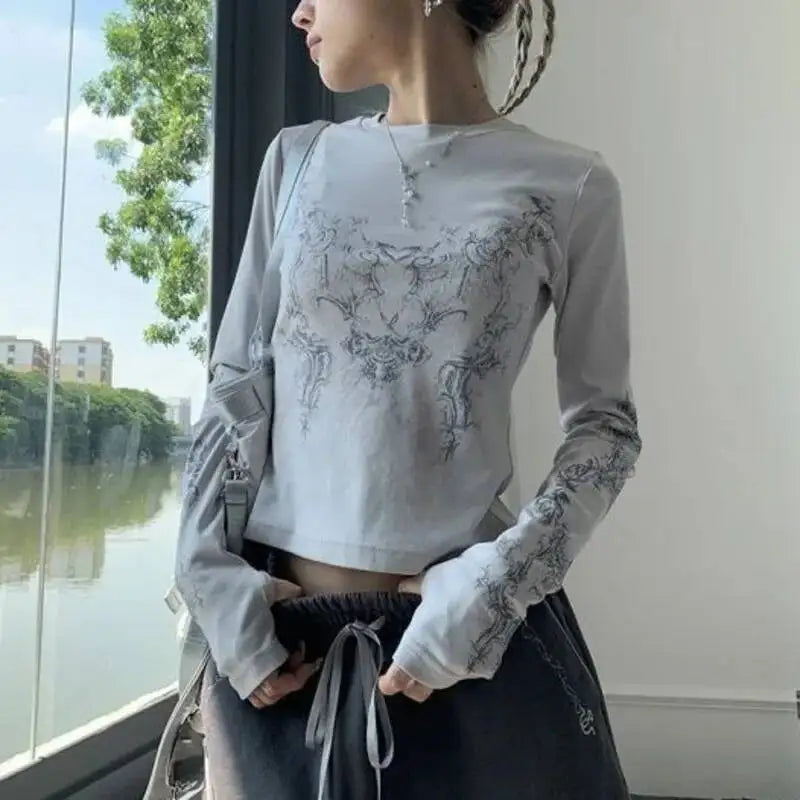Women's Y2K Geometric Print Long Sleeve O-Neck Tee