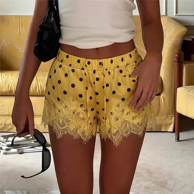 VacationGrabs Coquette Polka Dot Satin Lounge Shorts Women Eyelash Lace Hem Drawstring High Waist Loose Cute Halloween Pajama Bottoms