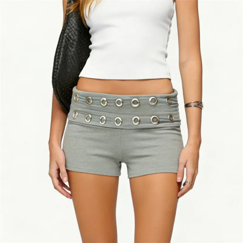 Women Y2K Low Waist Mini Shorts with Metal Eyelet Detail Fold Over Waistband Stretchy Bodycon Shorts for Streetwear Nightclub