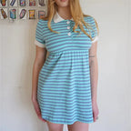 Women Y2K Preppy Striped Turn Down Collar Dress Short Sleeve Color Block A Line Mini Dress Vacation Summer Casual Streetwear