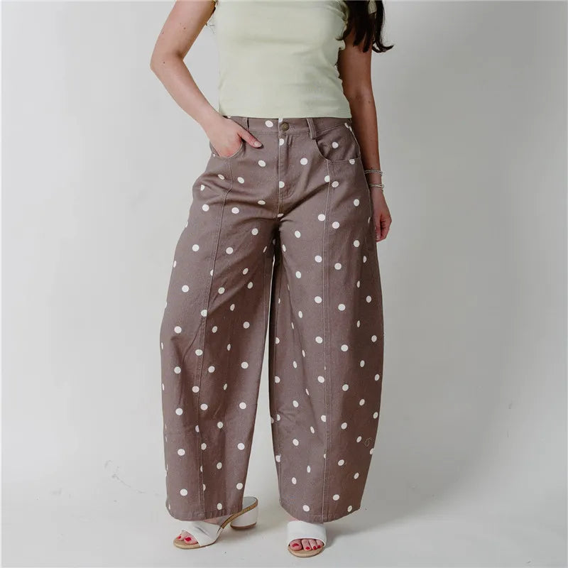 VacationGrabs Women High Waist Polka Dot Wide Leg Cropped Pants Seam Detail Loose Straight Leg Ankle Trousers Vintage CasualStreetwear