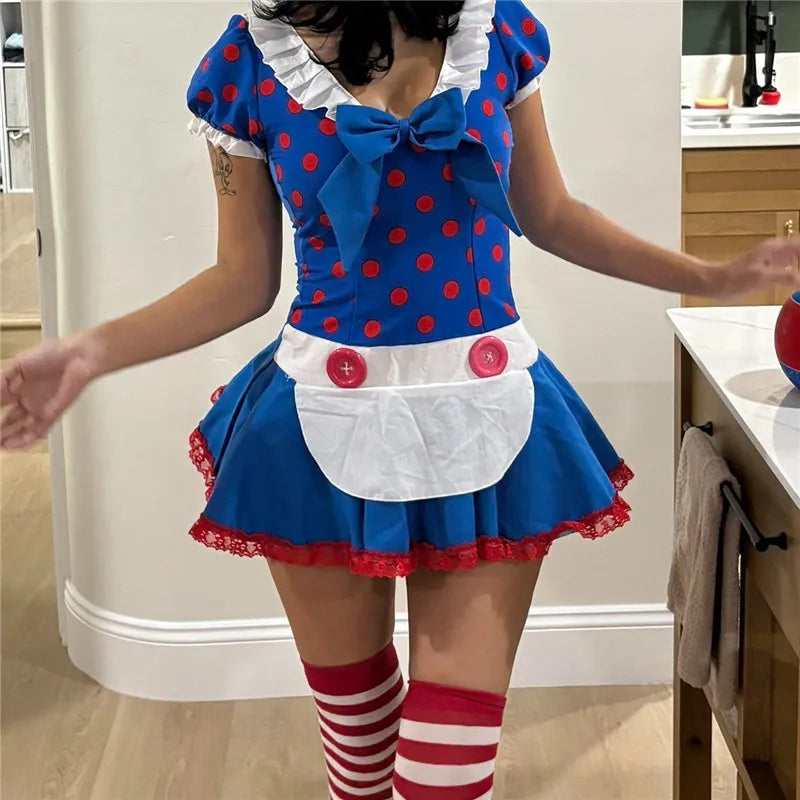 VacationGrabs Women Polka Dot Ragdoll Cosplay Outfit Short Dress with Matching Hat and Striped Stockings Halloween Party Maid Costume
