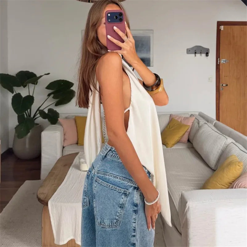 VacationGrabs Women Satin Halter Tops Sexy Backless Asymmetrical Tops Sleeveless Lace Up Back Silk Tank Top Going Out Shirt