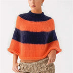 VacationGrabs Y2K Striped Fuzzy Poncho Sweater Women Mock Neck Loose Half Sleeve Cropped Knit Cape Pullover Daily Street Outfit