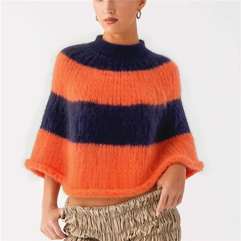 VacationGrabs Y2K Striped Fuzzy Poncho Sweater Women Mock Neck Loose Half Sleeve Cropped Knit Cape Pullover Daily Street Outfit