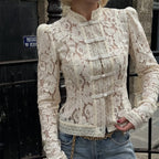Solid Lace Printed Patchwork Shirts Women Fashion Hollow Out Button See-through Blouse Lady Summer Commute Retro Streetwear