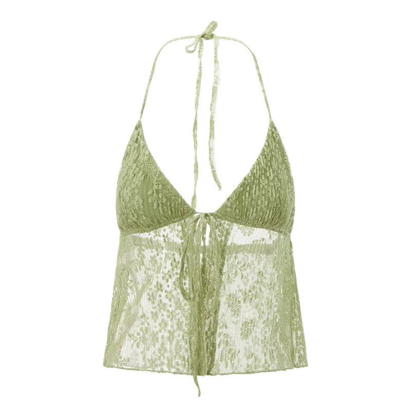 VacationGrabs Summer Women Y2K Lace Shirt Sexy Halter Neck Deep V Neck Crop Top Tie Front Sleeveless Strappy Cami Shirt Streetwear