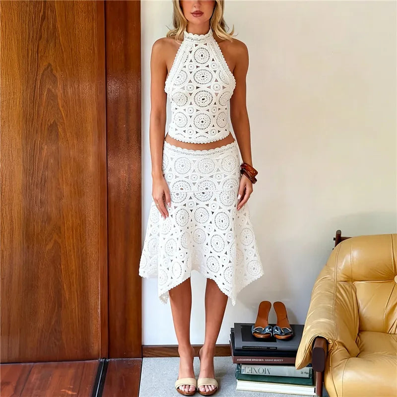 VacationGrabs Crochet Lace Two Piece Set Women Halter Crop Top Asymmetrical Midi Skirt Hollow Out Boho Beach Vacation Matching Outfit
