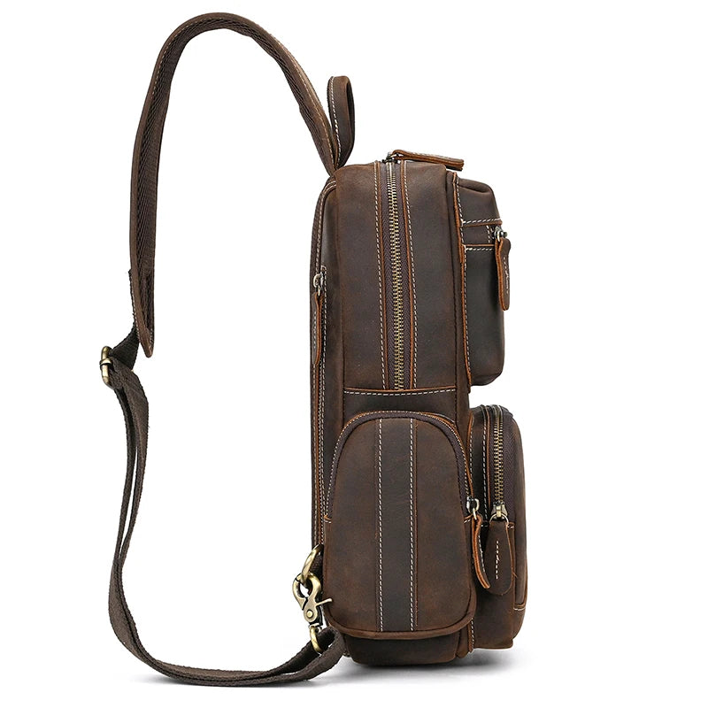 Newsbirds Genuine Leather Chest Bag Crazy Horse Leather Vintage Chest Pack Single Shoulder Crossbody Backpack For Men Male Bag