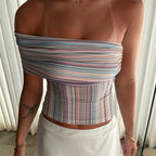 VacationGrabs Women Multicolor Striped Off-Shoulder Slim Fit Crop Top Summer Wrap Style Neckline Bandeau Backless Shirts Streetwear