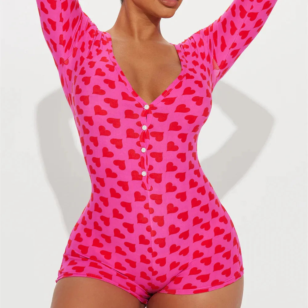 VacationGrabs Women Sexy Bodycon Deep V Neck Trapdoor Fashion Heart Printed Long Sleeve Butt Flap Romper Valentines Pajama Playsuit