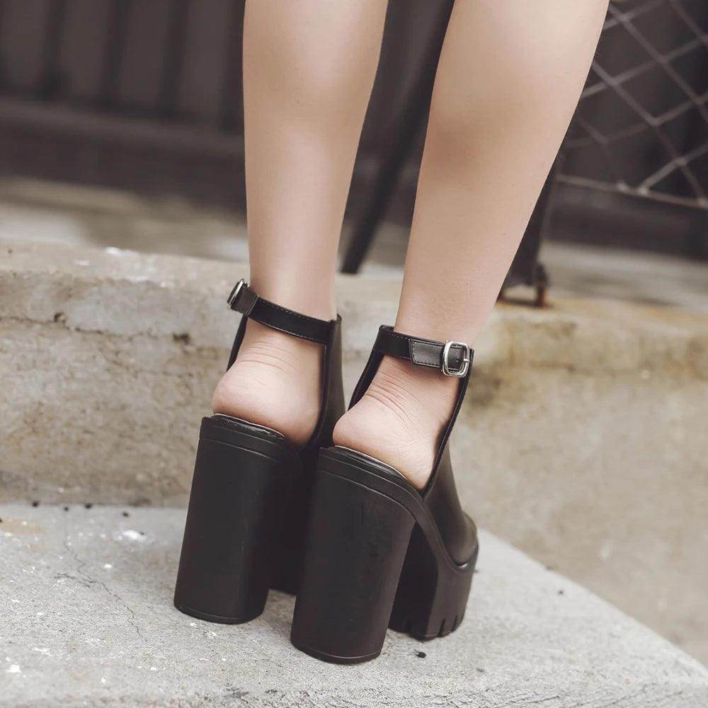 Platform Block High Heels Black Peep Toe Slingbacks - VacationGrabs