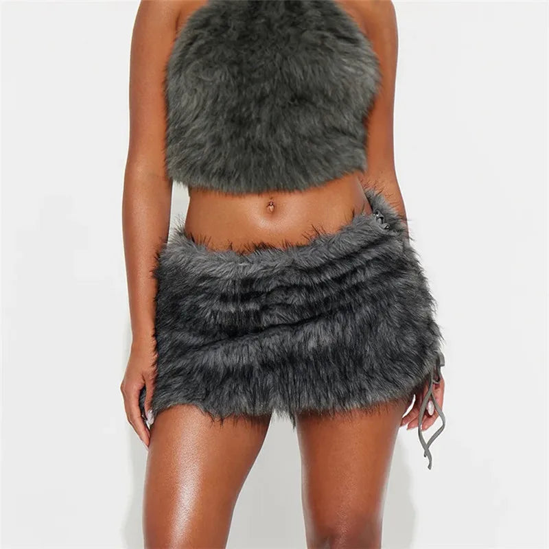VacationGrabs Furry Mini Skirts Women Tie Side High Street Sexy Midnight Hottie Fashion Wild Party Simple Classic Autumn Winter Bottom