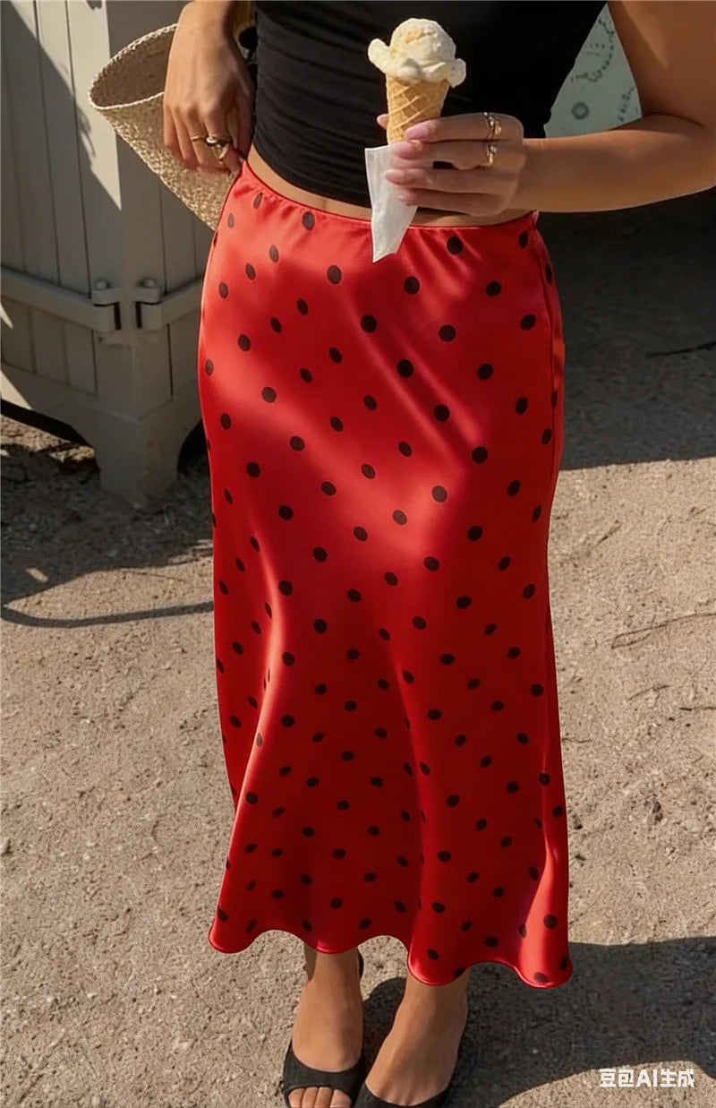 VacationGrabs French Vintage Polka Dot Satin Skirt High Waist Silky Midi Skirt Elegant Retro Print For Women Summer Y2K Streetwear